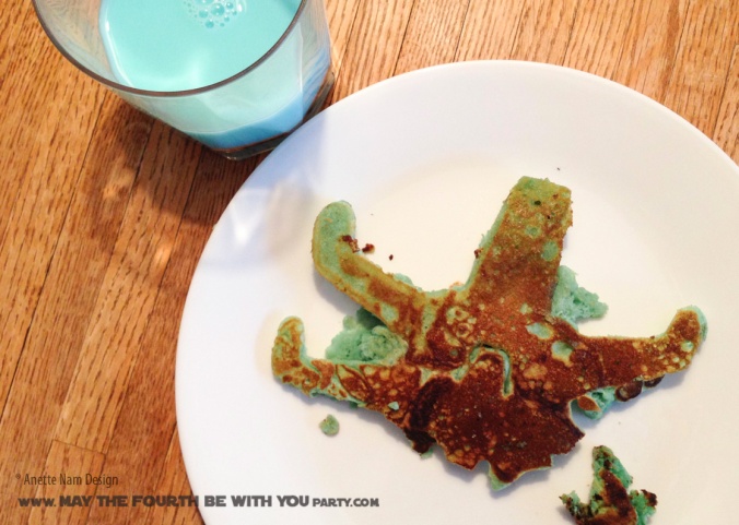 Star Wars Food: Bantha Milk Pancakes (TIE-Fighter, Darth Vader, X-Wing, Millennium Falcon, and Yoda Shaped) /// Check out our blog for lots of Star Wars Party food recipes and downloadable labels! Great for a Birthday Party or a May the Fourth be with you Party. /// #starwars #starwarsparty #maythefourthbewithyou #starwarsbirthday #starwarsfood #pancakes #banthamilk #tieighter, #darthvader #xwing #millenniumfalcon #yoda maythefourthbewithyoupartyblog.com