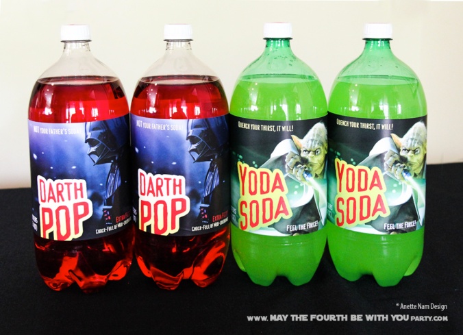 Star Wars Food: Downloadable Yoda Soda and Darth Pop 2 Liter Labels /// Check out our blog for lots of Star Wars Party food recipes and downloadable labels! Great for a Birthday Party or a May the Fourth be with you Party. /// #starwars #starwarsparty #maythefourthbewithyou #starwarsbirthday #starwarsfood #soda #darthvader #pop #yoda maythefourthbewithyoupartyblog.com