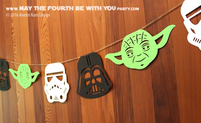DIY Star Wars Party Garland/Flags with Yoda, Stormtrooper and Darth Vader /// We add new Star Wars crafts and fun to our blog every week! /// #starwars #theforceawakens #yoda #stormtrooper #darthvader #silhouettecameo #diecut #starwarsparty #maythefourthbewithyou #party #birthday/// maythefourthbewithyoupartyblog.com