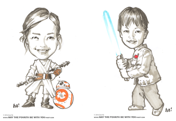 Cosplay marker drawings of kids dressed as Rey and Finn © Gene Ha /// We add new Star Wars posts to our blog every week! /// #starwars #theforceawakens #geneha #cosplay #drawing #starwarsart #rey #finn /// maythefourthbewithyoupartyblog.com