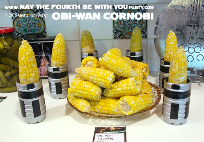 Obi-Wan Cornobi /// Check out our blog for lots of Star Wars Party food recipes and downloadable labels! Great ideas for a Birthday Party or a May the Fourth be with you Party. /// #starwars #starwarsparty #theforceawakens #maythefourthbewithyou #starwarsbirthday #starwarsfood #corn #cornonthecob #foodart #recipe #obiwankenobi #lighsaber // maythefourthbewithyoupartyblog.com