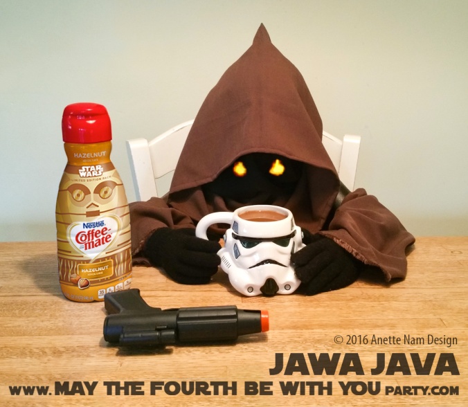 Jawa Java with Stormtrooper Coffee mug and C-3PO Coffee mate creamer/ Check out our blog for lots of Star Wars Party food recipes and downloadable labels! Great ideas for a Birthday Party or a May the Fourth be with you Party. / #starwars #starwarsparty #theforceawakens #maythefourthbewithyou #starwarsbirthday #starwarsfood #jawa #coffeemate #coffee #c3po #stormtrooper #blaster #foodart #recipe #costume #breakfast #beverage #maythe4th #maythefourth / maythefourthbewithyoupartyblog.com