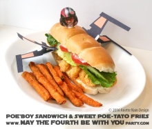 Poe’boy X-Wing Sandwich with Sweet Poe-tato Fries / Check out our blog for lots of Star Wars Party food recipes and downloadable labels! Great ideas for a Birthday Party or a May the Fourth be with you Party. / #starwars #starwarsparty #maythefourthbewithyou #maythe4thbe withyou #starwarsbirthday #starwarsfood #poe #poedameron #xwing #oscarisaac #poboy #sandwich #foodart #recipe #theforceawakens #xwingpilot #shrimp #fries #downloadble #sub / maythefourthbewithyoupartyblog.com
