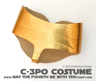 C-3PO DIY Costume and Cosplay / Check out lots more Star Wars Halloween costumes and cosplay ideas on our blog / #starwars #halloween #maythefourthbewithyou #maythe4thbewithyou #costume #ducttape #cosplay #diy #pattern #sewing #theforceawakens #c3po #droid #geek #nerd #spraypaint #gold / maythefourthbewithyoupartyblog.com
