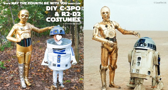 C-3PO and R2-D2 DIY Costume and Cosplay / Check out lots more Star Wars Halloween costumes and cosplay ideas on our blog / #starwars #halloween #maythefourthbewithyou #maythe4thbewithyou #costume #ducttape #cosplay #diy #pattern #sewing #theforceawakens #c3po #r2d2 #droid #geek #nerd #spraypaint #gold / maythefourthbewithyoupartyblog.com