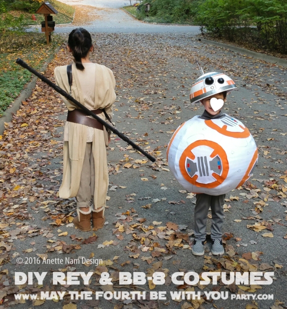 DIY Rey and BB-8 Costume and Cosplay / Check out lots more Star Wars Halloween costumes and cosplay ideas on our blog / #starwars #halloween #maythefourthbewithyou #maythe4thbewithyou #costume #cosplay #diy #pattern #sewing #rey #bb8 #geek #nerd #theforceawakens/ maythefourthbewithyoupartyblog.com