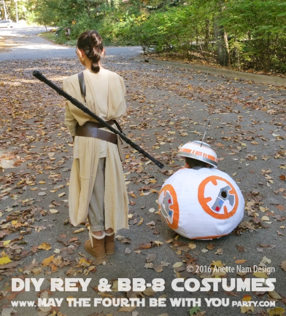 DIY Rey and BB-8 Costume and Cosplay / Check out lots more Star Wars Halloween costumes and cosplay ideas on our blog / #starwars #halloween #maythefourthbewithyou #maythe4thbewithyou #costume #cosplay #diy #pattern #sewing #rey #bb8 #geek #nerd #theforceawakens/ maythefourthbewithyoupartyblog.com