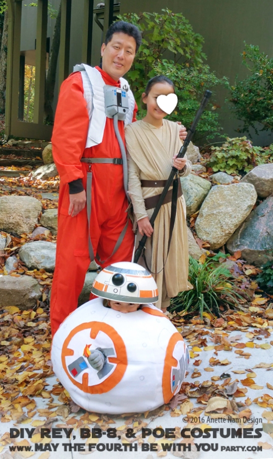 DIY Rey, BB-8 Poe Dameron Costumes and Cosplay / Check out lots more Star Wars Halloween costumes and cosplay ideas on our blog / #starwars #halloween #maythefourthbewithyou #maythe4thbewithyou #costume #cosplay #diy #pattern #sewing #rey #poe #poedameron #bb8 #geek #nerd #theforceawakens/ maythefourthbewithyoupartyblog.com