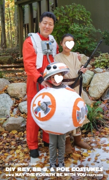 DIY Rey, BB-8 Poe Dameron Costumes and Cosplay / Check out lots more Star Wars Halloween costumes and cosplay ideas on our blog / #starwars #halloween #maythefourthbewithyou #maythe4thbewithyou #costume #cosplay #diy #pattern #sewing #rey #poe #poedameron #bb8 #geek #nerd #theforceawakens/ maythefourthbewithyoupartyblog.com