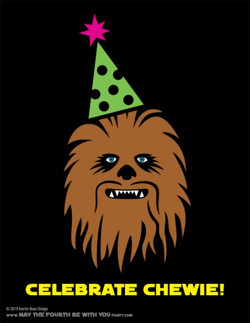DIY Celebrate Chewie T-shirt/Stencil Pattern. This and many other patterns can be downloaded FREE from our blog. / Note: Patterns are ©, and your work must include © if posted, and can not be sold. See blog for complete ©/ #Chewbacca #chewie #petermayhew #starwars #tshirt #starwarsparty #rogueone #maythefourthbewithyou #maythe4th #maythefourth #revengeofthefifth #starwarscostume #pattern #maythe4thbewithyou #stencil #silkscreen #silhouettecameo #maythefourthbewithyoupartyblog.com #swcc #starwarscelebration